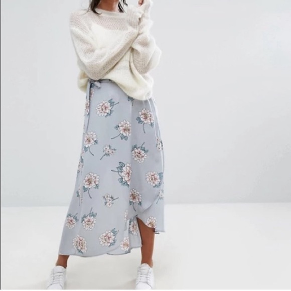 Floral Midi Skirt Small Gray White Wrap Tie High Low Flowy JOA - Picture 14 of 14